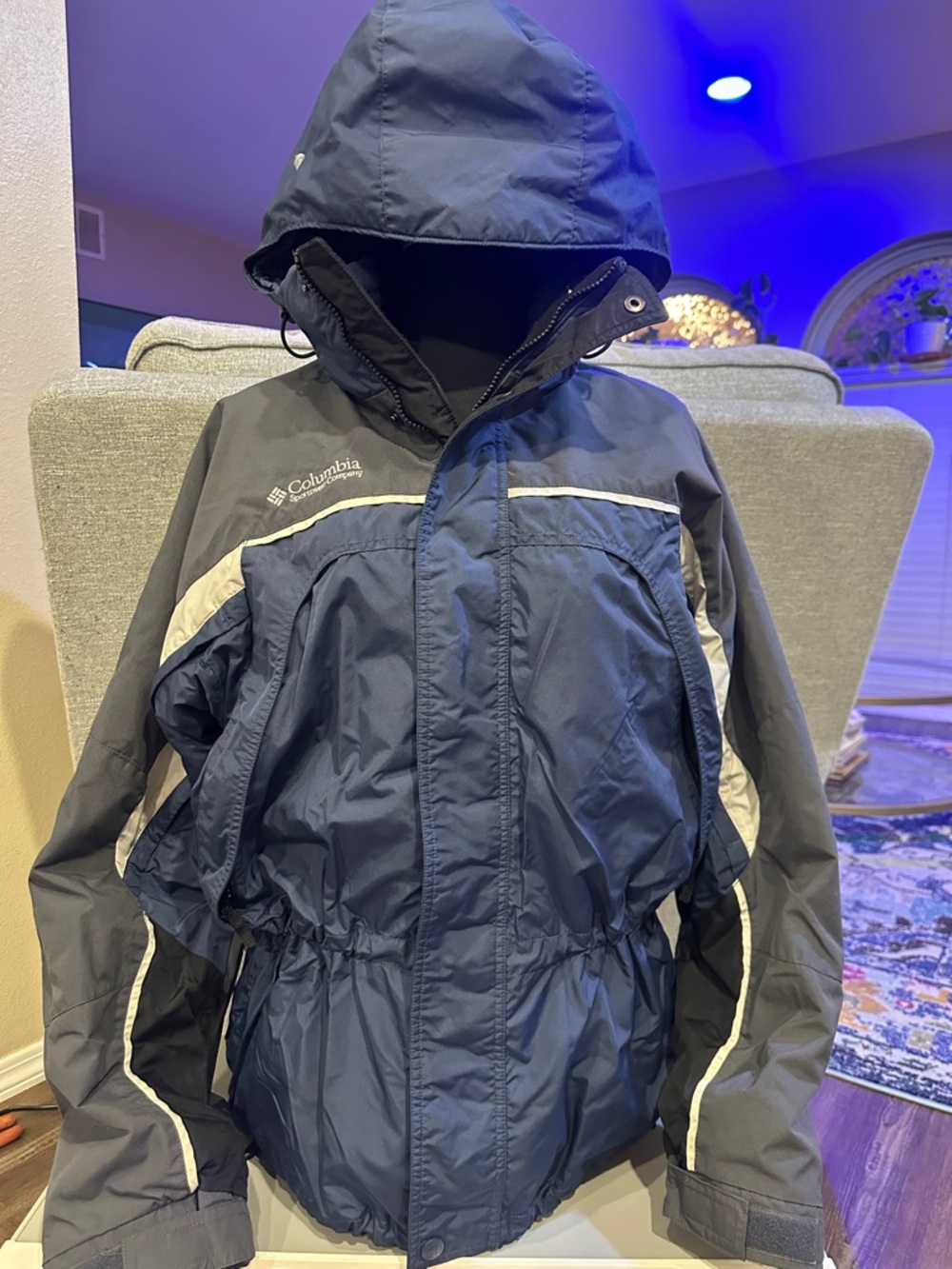 Vintage Columbia Navy and Gray Hooded Line Jacket Women Sz L